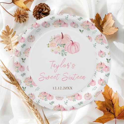 Pink Pumpkins Floral Sweet Sixteen Paper Plates