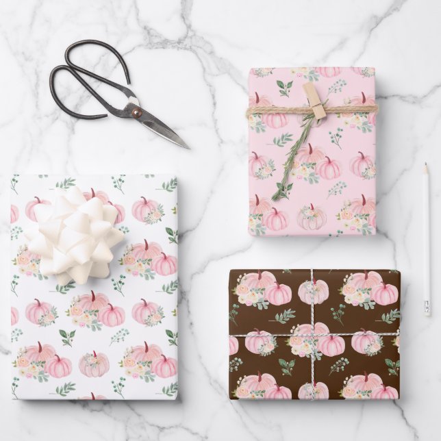 Pink Pumpkins Floral Wrapping Paper Sheets (Front)