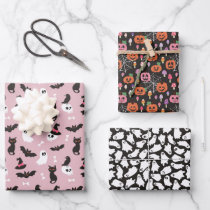 Pink Pumpkins Ghosts Skulls Halloween Patterns Wrapping Paper Sheets