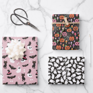 Pink Pumpkins Ghosts Skulls Halloween Patterns Wrapping Paper Sheets