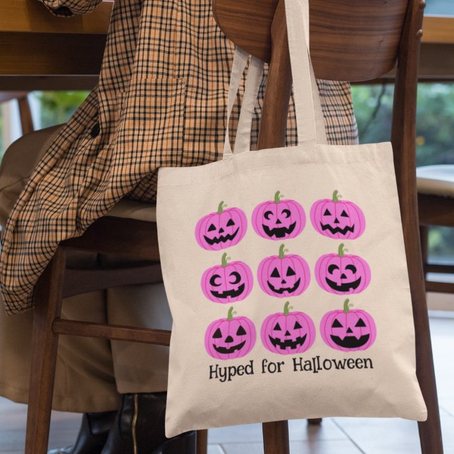 Pink Pumpkins Hyped for Halloween Tote Bag (This item is for display purposes only to illustrate the design element. )