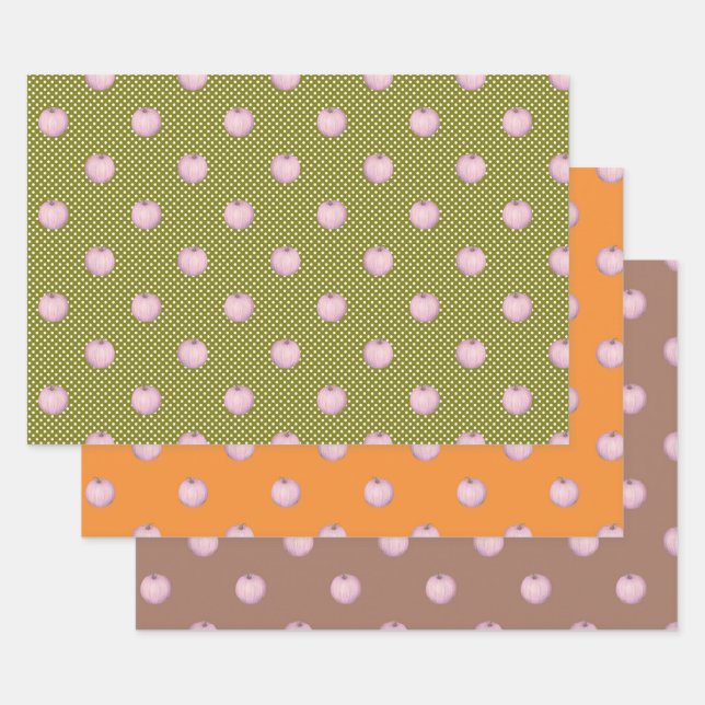 Pink Pumpkins on Mocha Green and Orange Wrapping Paper Sheets (Set)