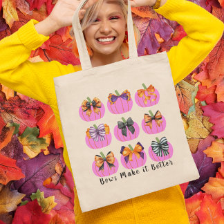 Pink Pumpkins with Coquette Bows Square Tote Bag