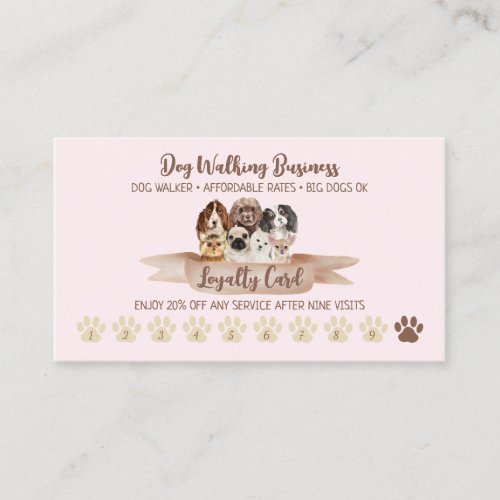 Pink Punch Dog Walker Loyalty Discount Paw Business Card