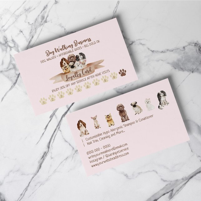 Pink Punch Dog Walker Loyalty Discount Paw Business Card (Pink Punch Dog Walker Loyalty Discount Paw Business Card)