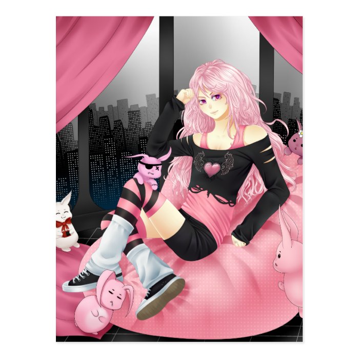 Pink punk anime girl post card