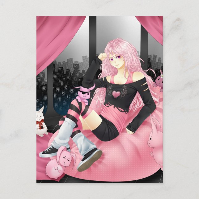 Pink punk anime girl postcard (Front)