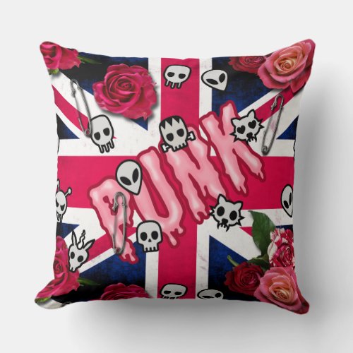 Pink Punk Grunge Union Jack with Emojis and Roses Throw Pillow