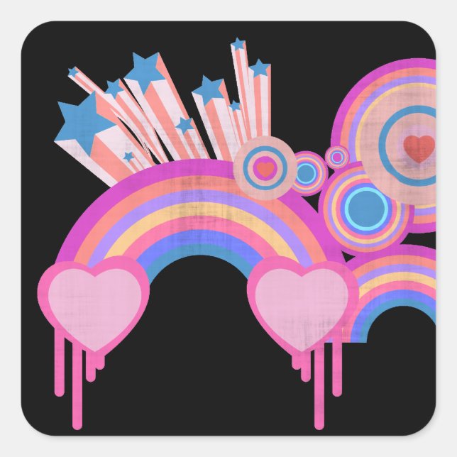 Pink Punk Rainbow Stars and Spirals Square Sticker (Front)