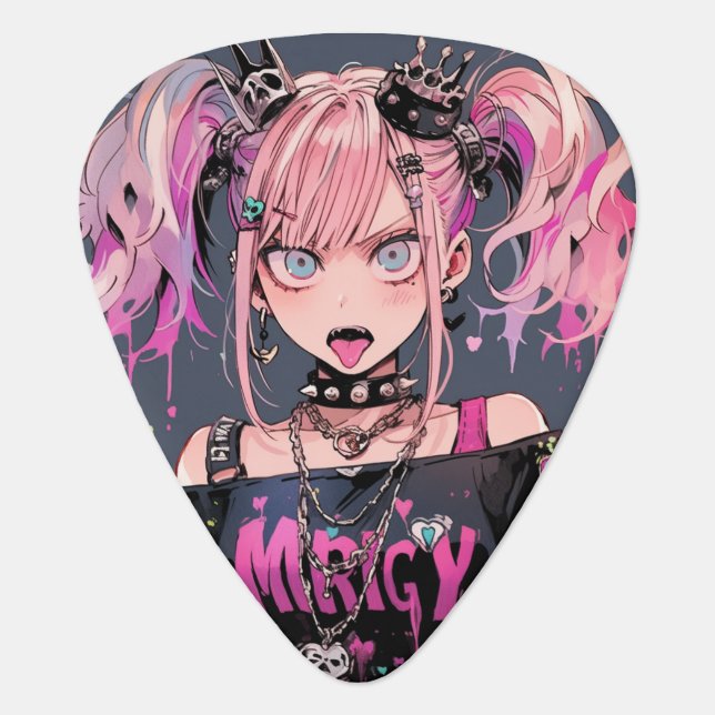 Pink Punk Rocker Anime Girl Guitar Pick (Front)