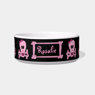 Pink Punk Skull with Bow Personalized Pet Bowl
