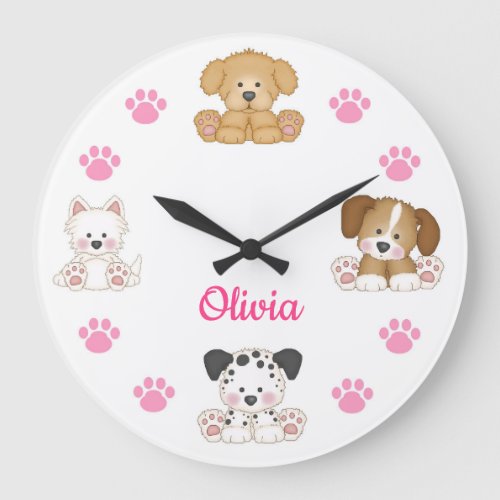 Pink Puppy Dog Baby Girl Nursery Kids Room Large Clock