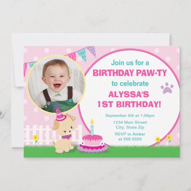 Pink Puppy Dog Birthday Invitation 5x7 Photo Card (Front)
