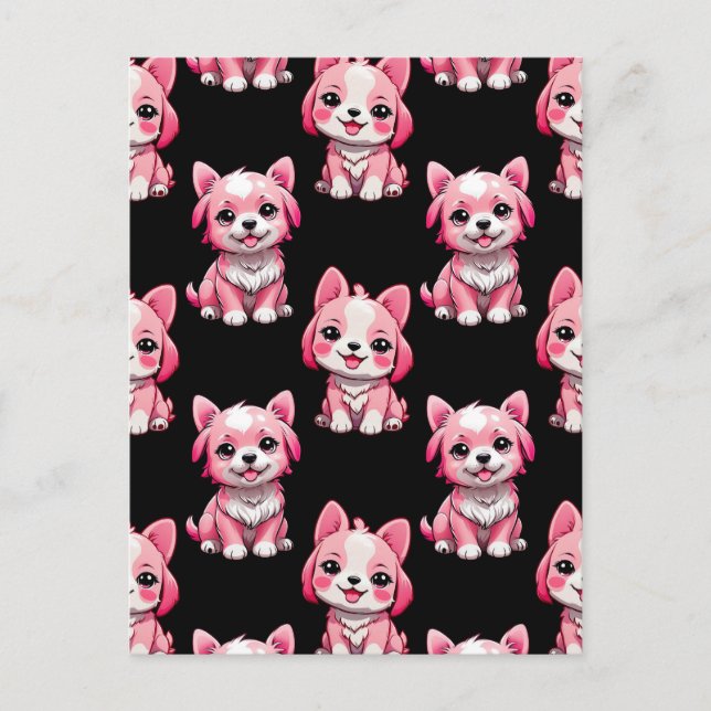 Pink Puppy Dog Pattern Design - Black  Postcard (Front)