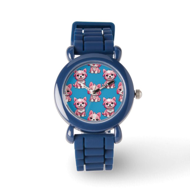 Pink Puppy Dog Pattern Design - Blue Watch (Front)