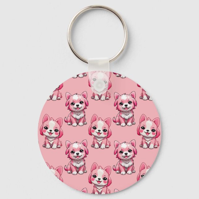 Pink Puppy Dog Pattern Design - Pink Keychain (Front)