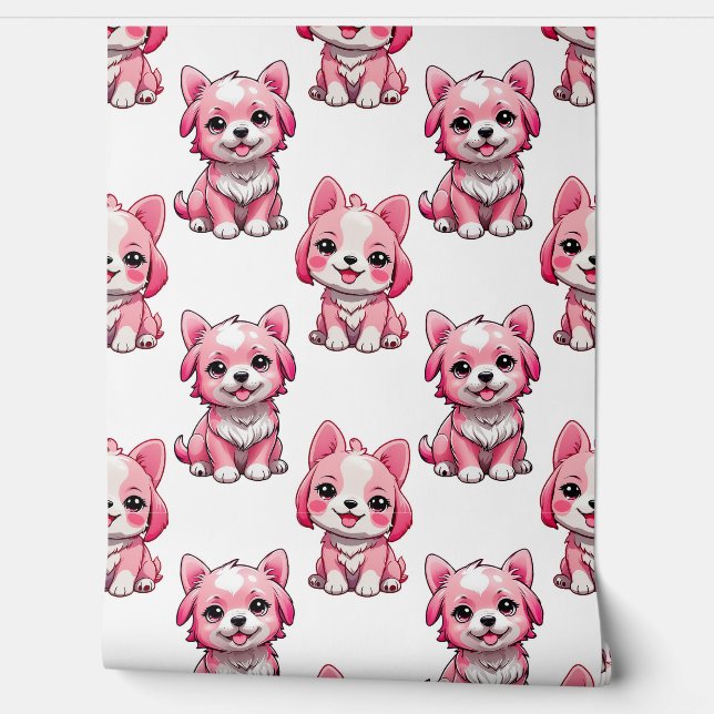 Pink Puppy Dog Pattern Design - White  Wallpaper (Unrolling)