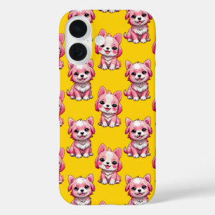 Pink Puppy Dog Pattern Design - Yellow iPhone 16 Case
