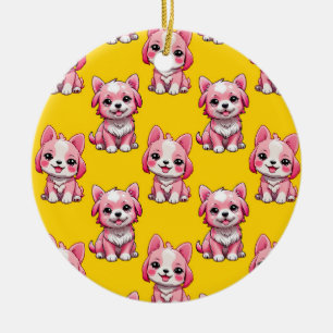 Pink Puppy Dog Pattern Design - Yellow Ceramic Ornament