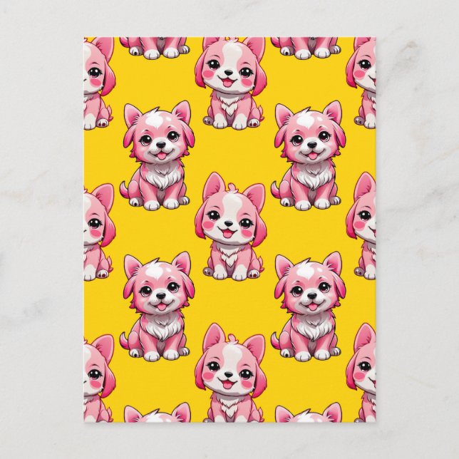 Pink Puppy Dog Pattern Design - Yellow  Postcard (Front)