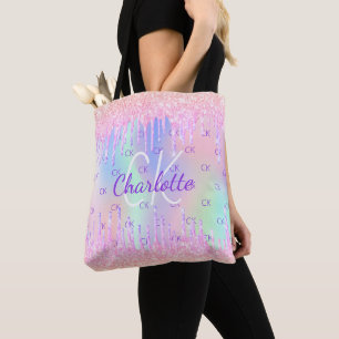 Pink puprle drips holographic monogram tote bag