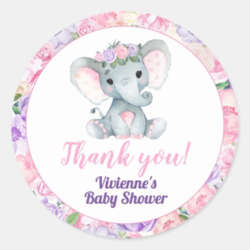 Pink Puprle Elephant Floral Sticker Thank You Tag