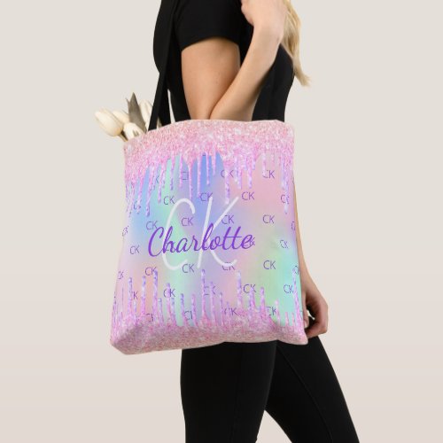 Pink puprle glitter drips holographic monogram tote bag