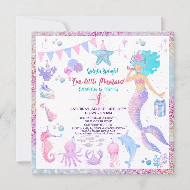 Pink Purple 1st Whimsical Girl Mermaid Birthday Invitation (Front)