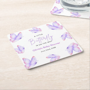 Pink Purple A Little Butterfly Baby Shower Square Paper Coaster