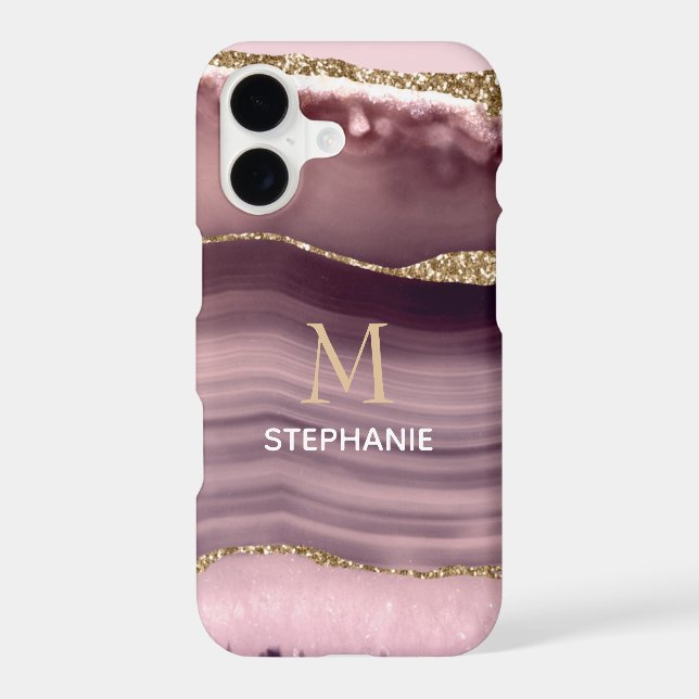 Pink & Purple Agate Geode Monogram Name Iphone Case (Back)