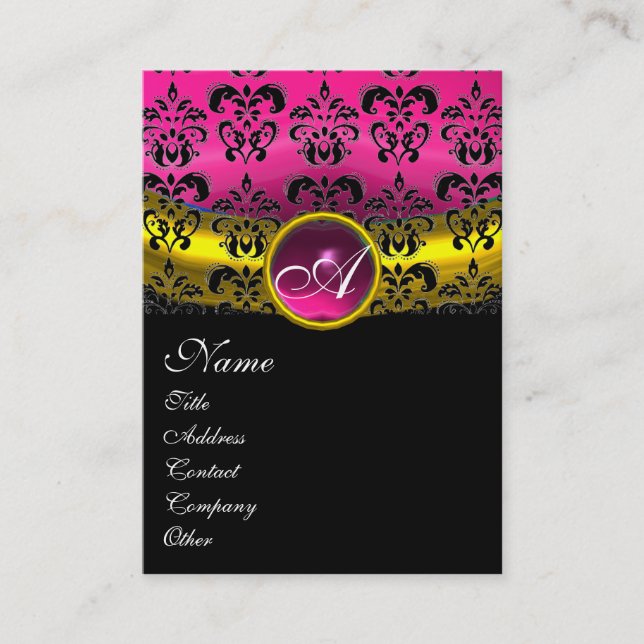 PINK PURPLE AMETHYST DAMASK MONOGRAM ,fuchsia gold Business Card (Front)