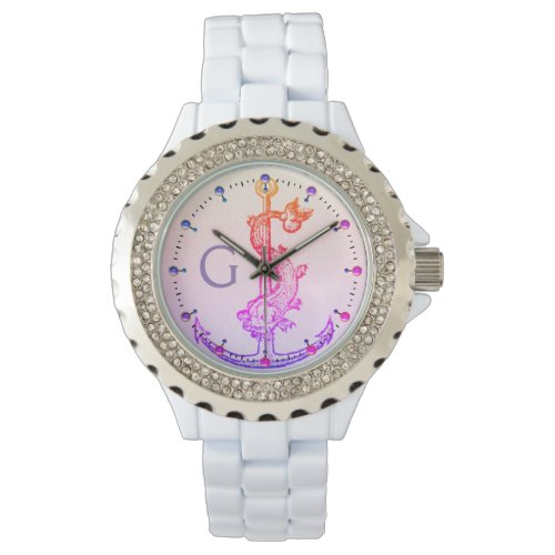PINK PURPLE ANCHOR WITH FISH NAUTICAL MONOGRAM WATCH