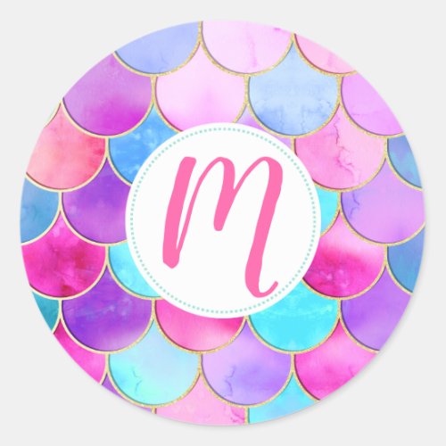 Pink Purple and Aqua Mermaid Scale Pattern Classic Round Sticker