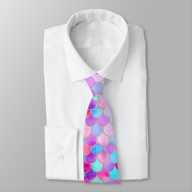 Pink, Purple and Aqua Mermaid Scale Pattern Neck Tie (Tied)