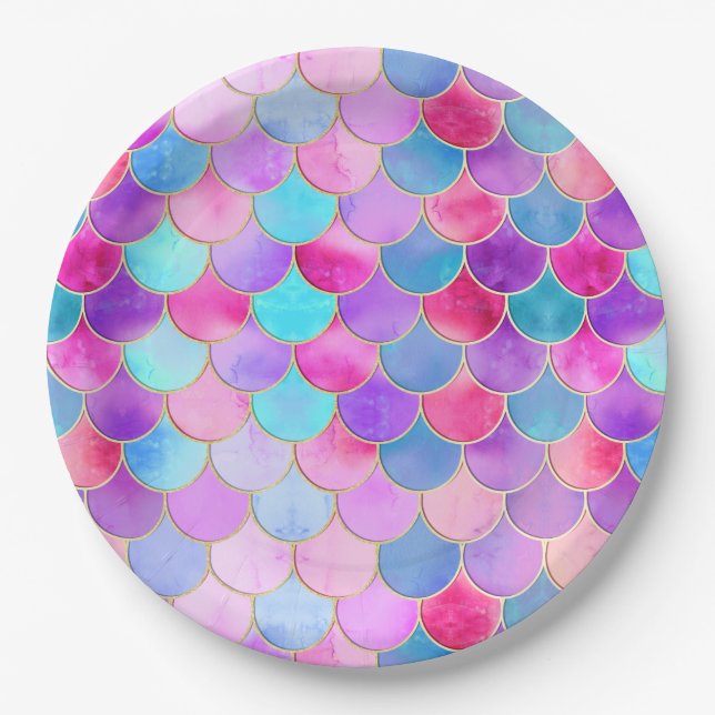 Pink, Purple and Aqua Mermaid Scale Pattern Paper Plates (Front)