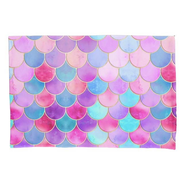Pink, Purple and Aqua Mermaid Scale Pattern Pillow Case (Front)