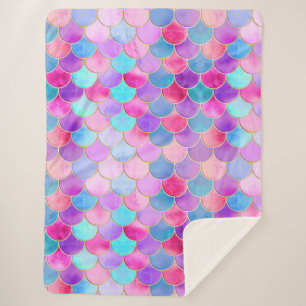 Pink, Purple and Aqua Mermaid Scale Pattern Sherpa Blanket