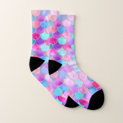 Pink Purple and Aqua Mermaid Scale Pattern Socks