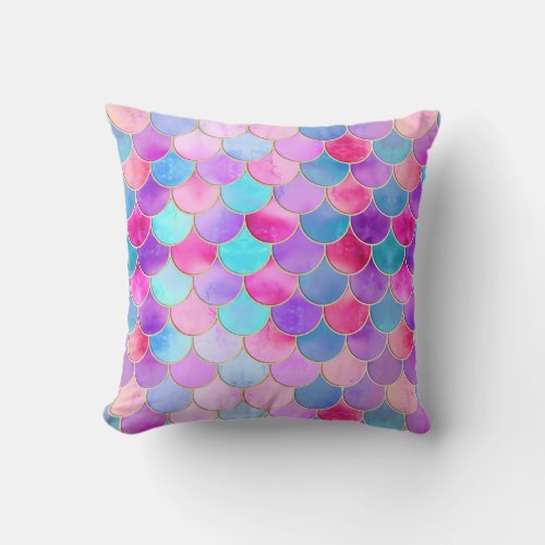 Pink Purple and Aqua Mermaid Scale Pattern Throw Pillow