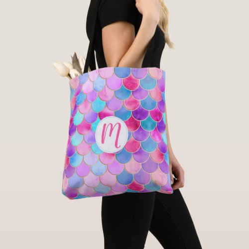 Pink Purple and Aqua Mermaid Scale Pattern Tote Bag