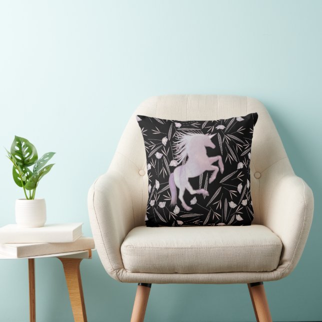 Pink Purple and Black Unicorn & Floral Pattern Throw Pillow (Chair)