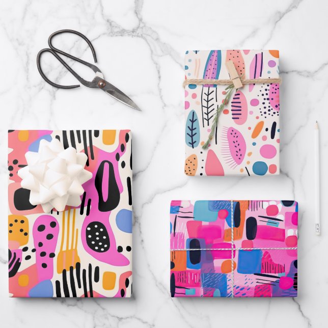 Pink, Purple and Blue Abstract Bohemian Pattern Wrapping Paper Sheets (Front)
