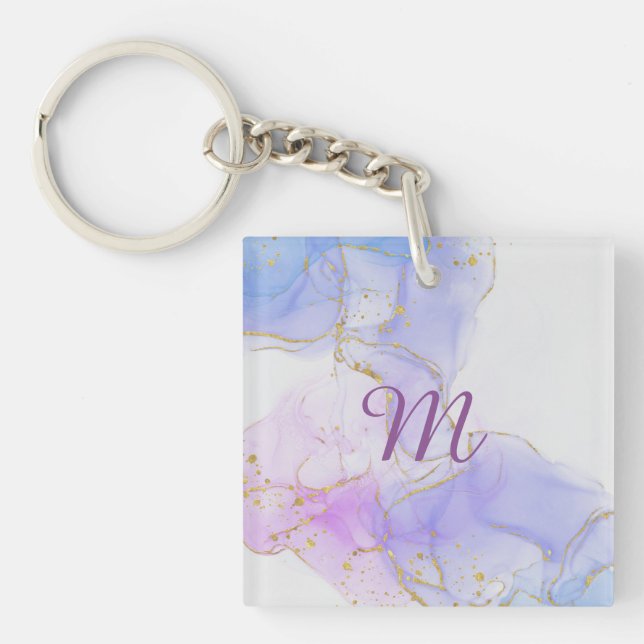Pink, Purple and Blue Alcohol Ink Keychain (Front)