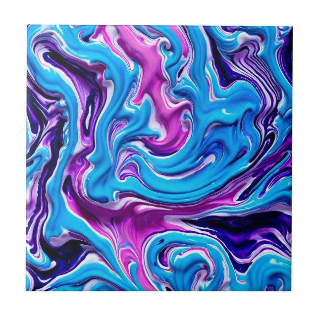 Pink, Purple and Blue Marbling Effect Fluid Art Ceramic Tile (Front)