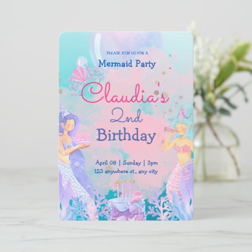 Pink Purple and Blue Mermaid Themed Birthday Party Invitation