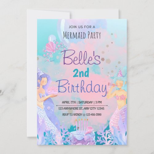 Pink Purple and Blue Whimsical Watercolor Mermaid Invitation