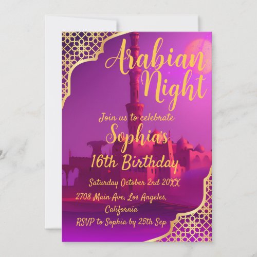 Pink Purple and Gold Arabian Nights Birthday Invitation