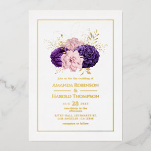 Pink, Purple and Gold Floral Wedding Foil Invitation