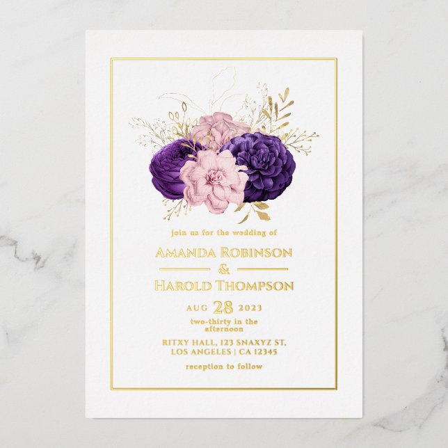 Pink, Purple and Gold Floral Wedding Foil Invitation (Front)