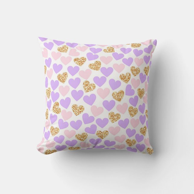 Pink, Purple and Gold Glitter Hearts Throw Pillow (Front)